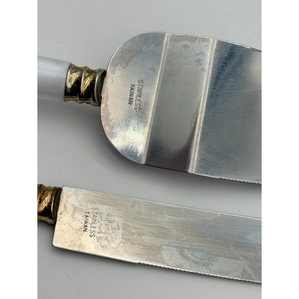 Vintage Stainless Taiwan Cake Knife and Server Set Faux Mother of Pearl Handles